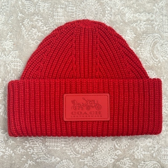 NWOT Coach Ribbed Knit Patch Beanie Sport Red Winter Cap Cuffed Hat main image 5